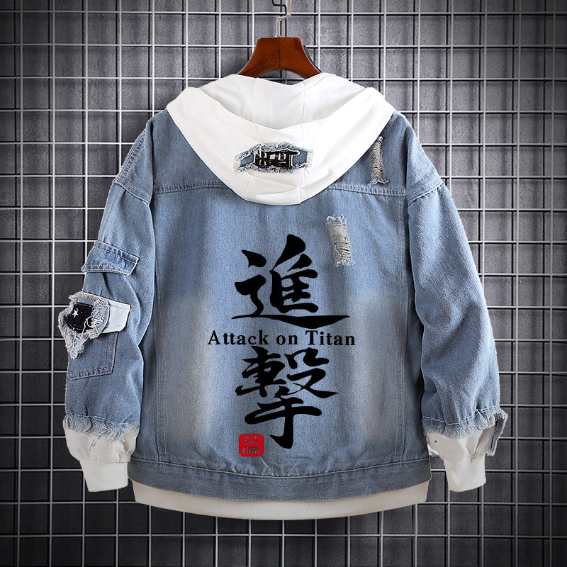 Unisex Anime Fake Two Hooded Denim Jacket