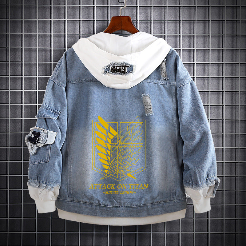 Unisex Anime Fake Two Hooded Denim Jacket