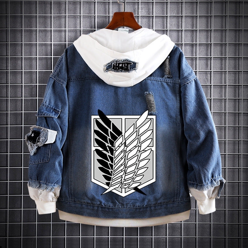 Unisex Anime Fake Two Hooded Denim Jacket