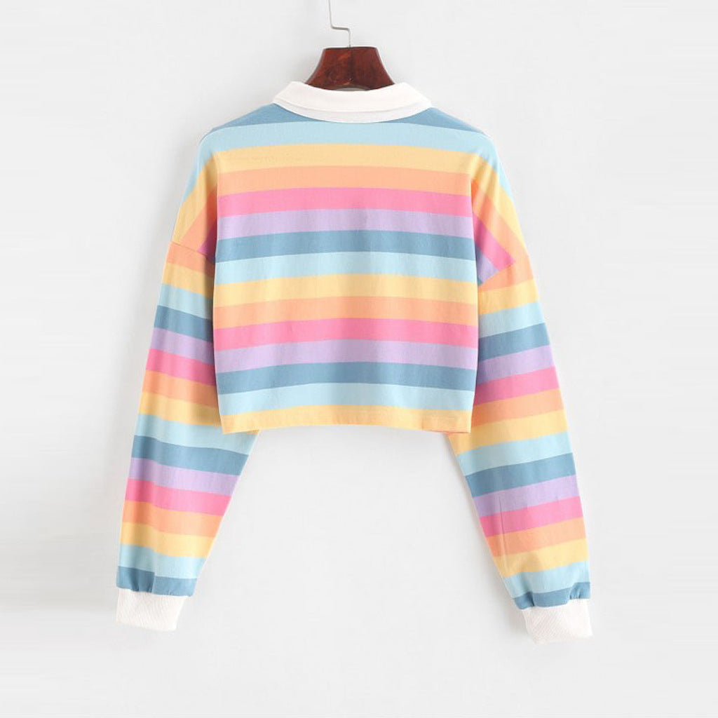 Girls' Striped Rainbow Polo Neck Long Sleeved T-shirt