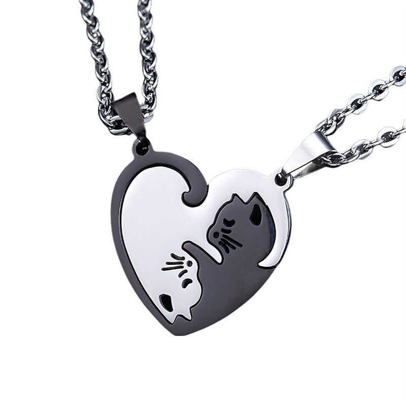 Yin Yang Cat Perfect Matching Couple Heart Necklace Set