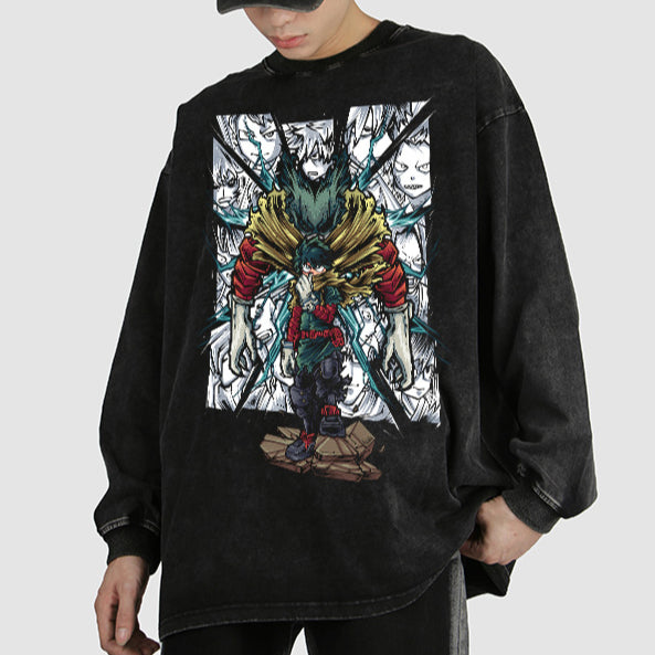 Trendy Anime Washed Long-sleeved Crew Neck Sweatshirt