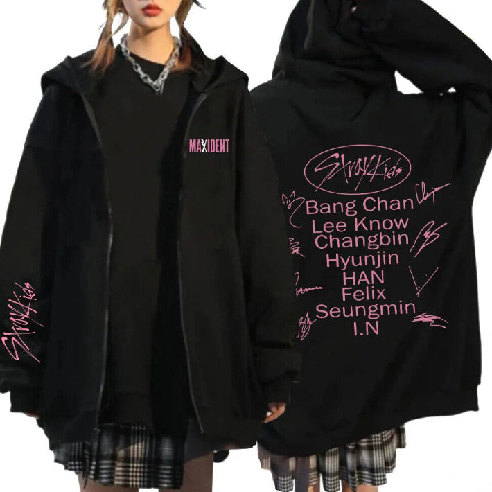 Kpop Graphic Print Hooded Zipper Cardigan