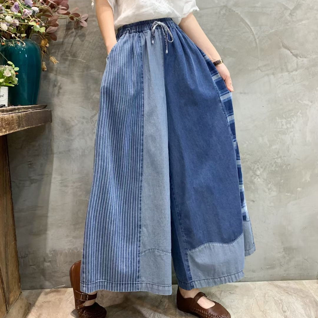 Retro Elastic Waist Color Block Soft Jeans Wide Leg Pants