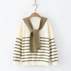 Korean Style Loose Striped Knit Sweater Shawl Two-piece Set