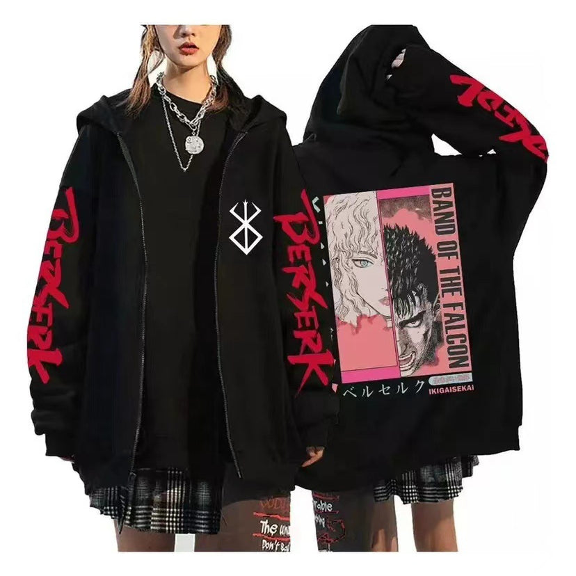 Unisex Anime Print Loose Zipper Black Hoodie