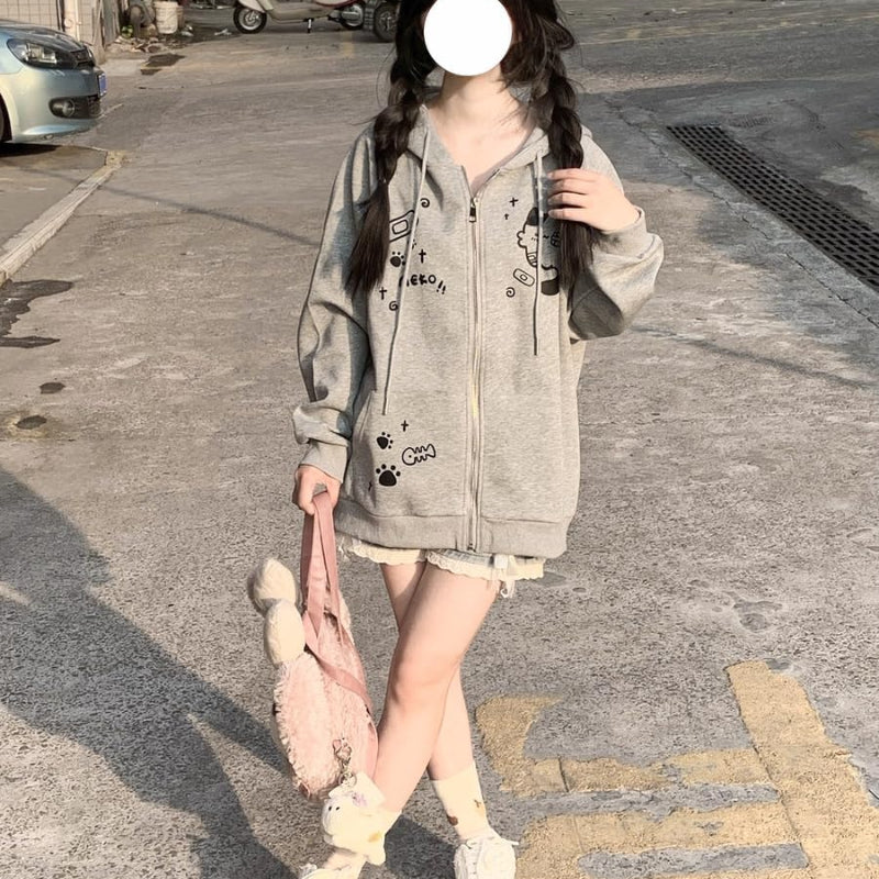 Y2K Zip Up Cute Cat Ears Graphic Hoodie