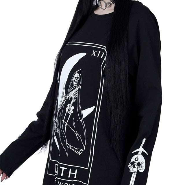 Gothic Dark Moon Letter Print Long Round Neck Sweatshirt