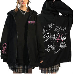 Trendy Kpop Printed Zip Up Black Hoodie