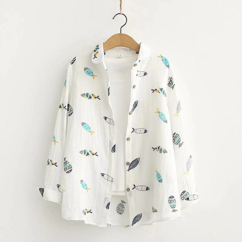 Artistic Cartoon Fish All Over Print Loose Shirt