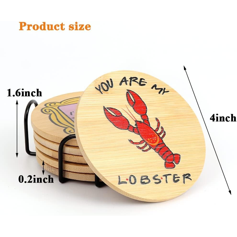Friends Coasters Set of 6 Wooden Coasters for Drinks with Coaster Holder