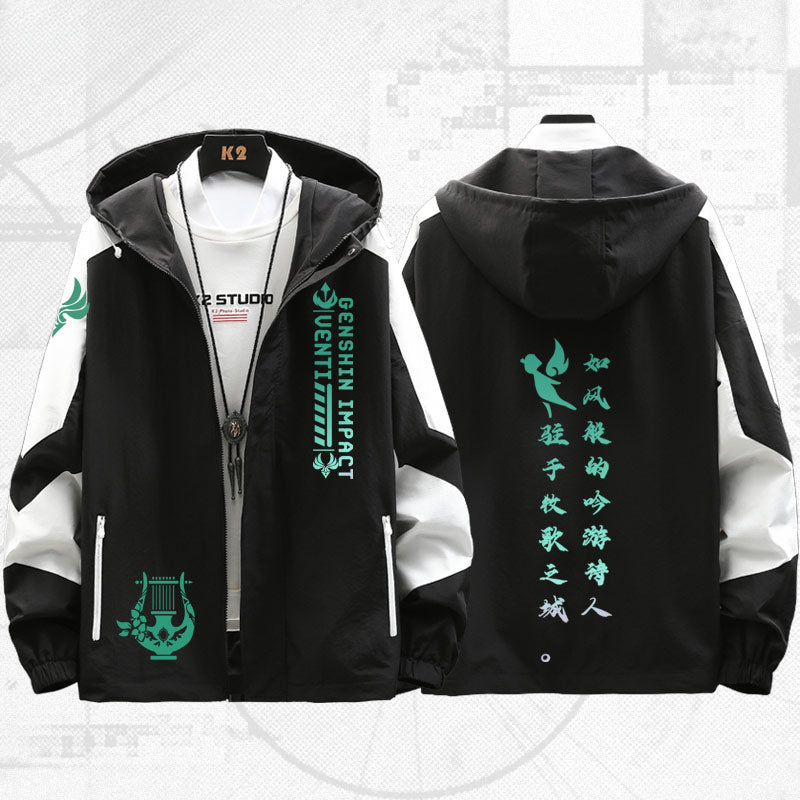 Unisex Game Venti Print Hooded Spring Jacket