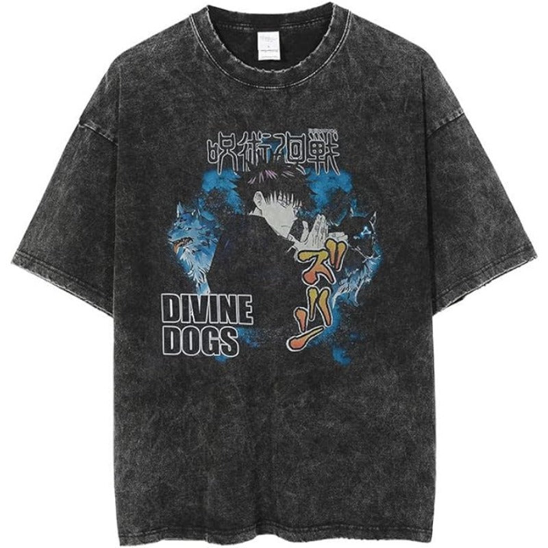 Unisex Anime Graphic Washed Black T-shirt