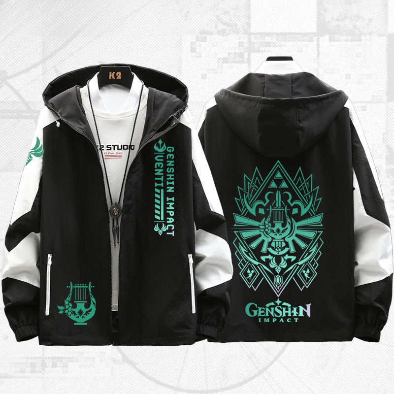 Unisex Game Venti Print Hooded Spring Jacket