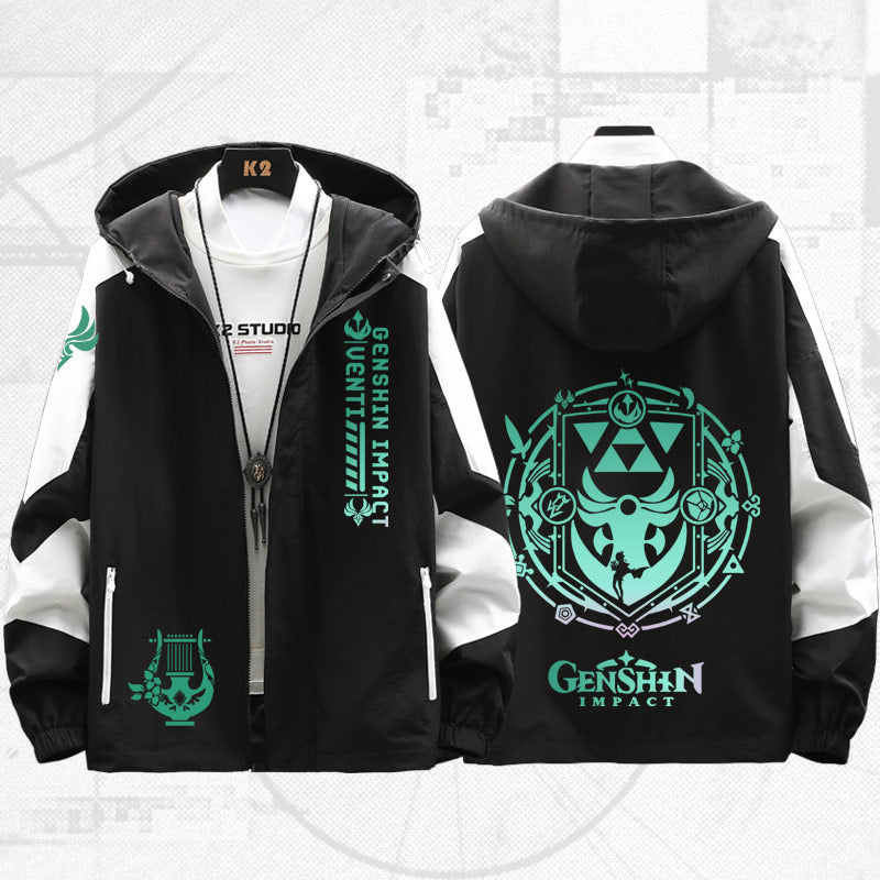 Unisex Game Venti Print Hooded Spring Jacket