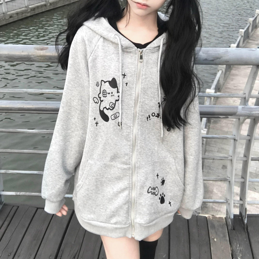 Y2K Zip Up Cute Cat Ears Graphic Hoodie