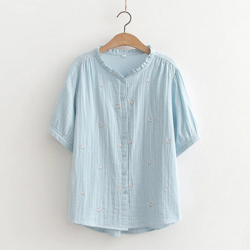 Women Plain Color Flower Embroidery Short Sleeve Shirt