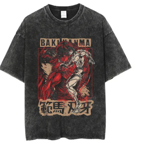 Vintage Washed Anime Print Casual T-shirt