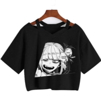 Trendy Women's V-Neck Anime Short Sleeve Crop Tee