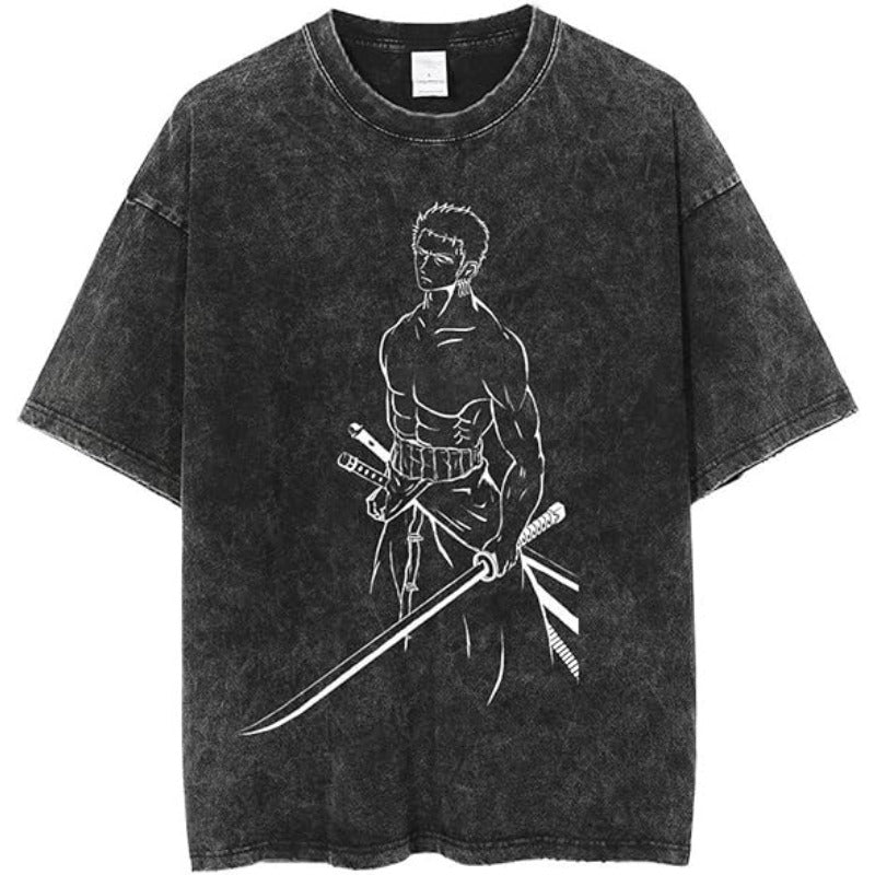 Unisex Anime Graphic Washed Black T-shirt