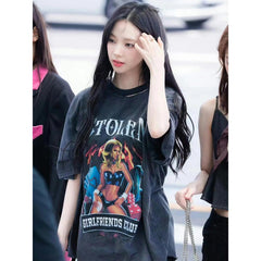KARINA Same Washed Black Short-sleeved T-shirt