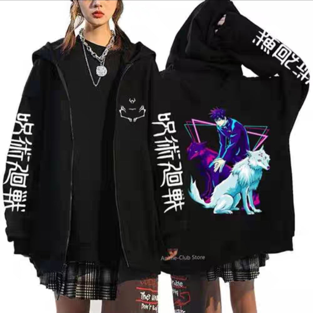 Unisex Trendy Anime Gojo Print Zip Up Hoodie