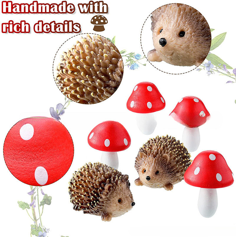 Resin Hedgehog and Wooden Mushroom Garden Accessories