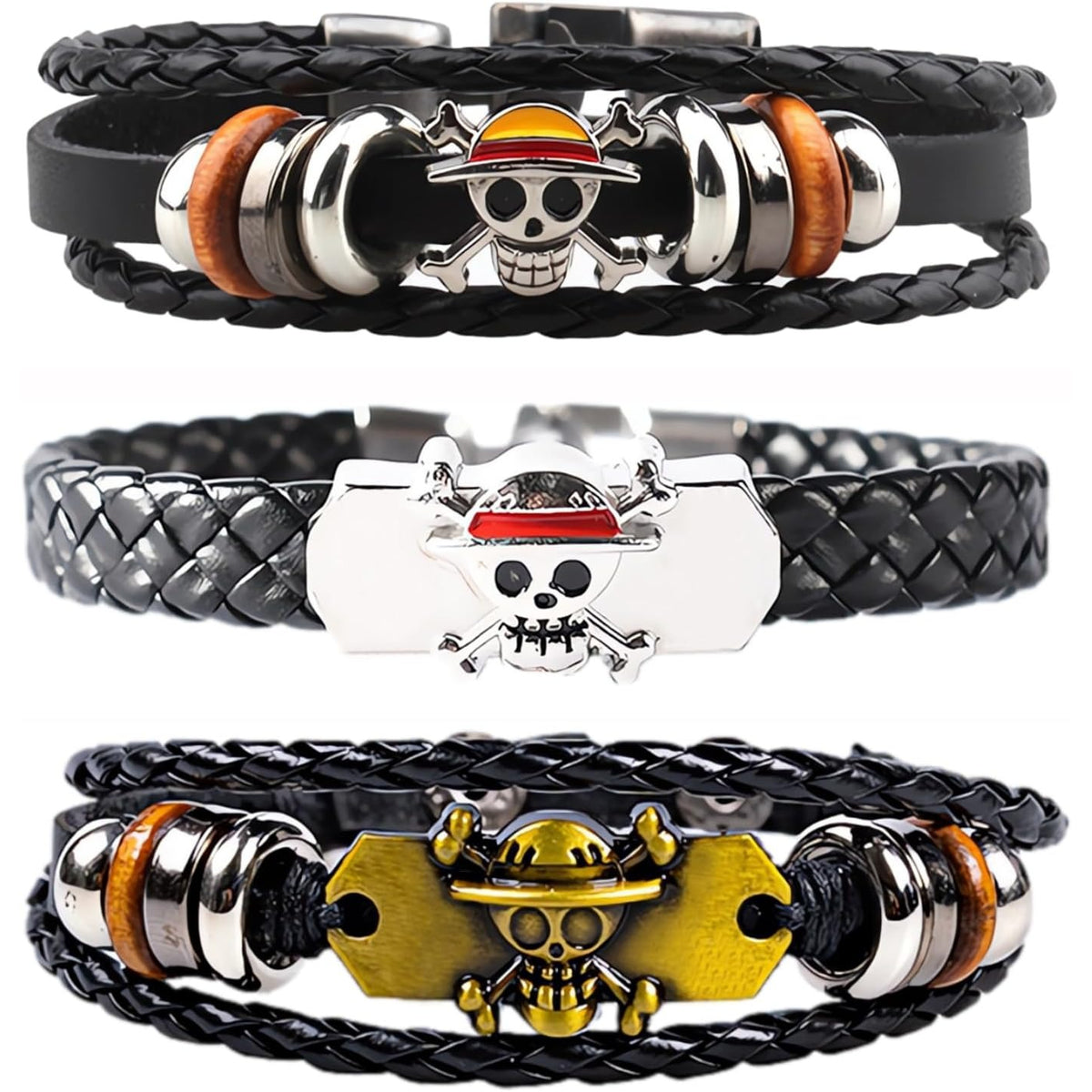 3Pcs Anime Leather Bracelets Skull Punk Alloy Cuff Wristband