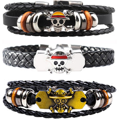 3Pcs Anime Leather Bracelets Skull Punk Alloy Cuff Wristband