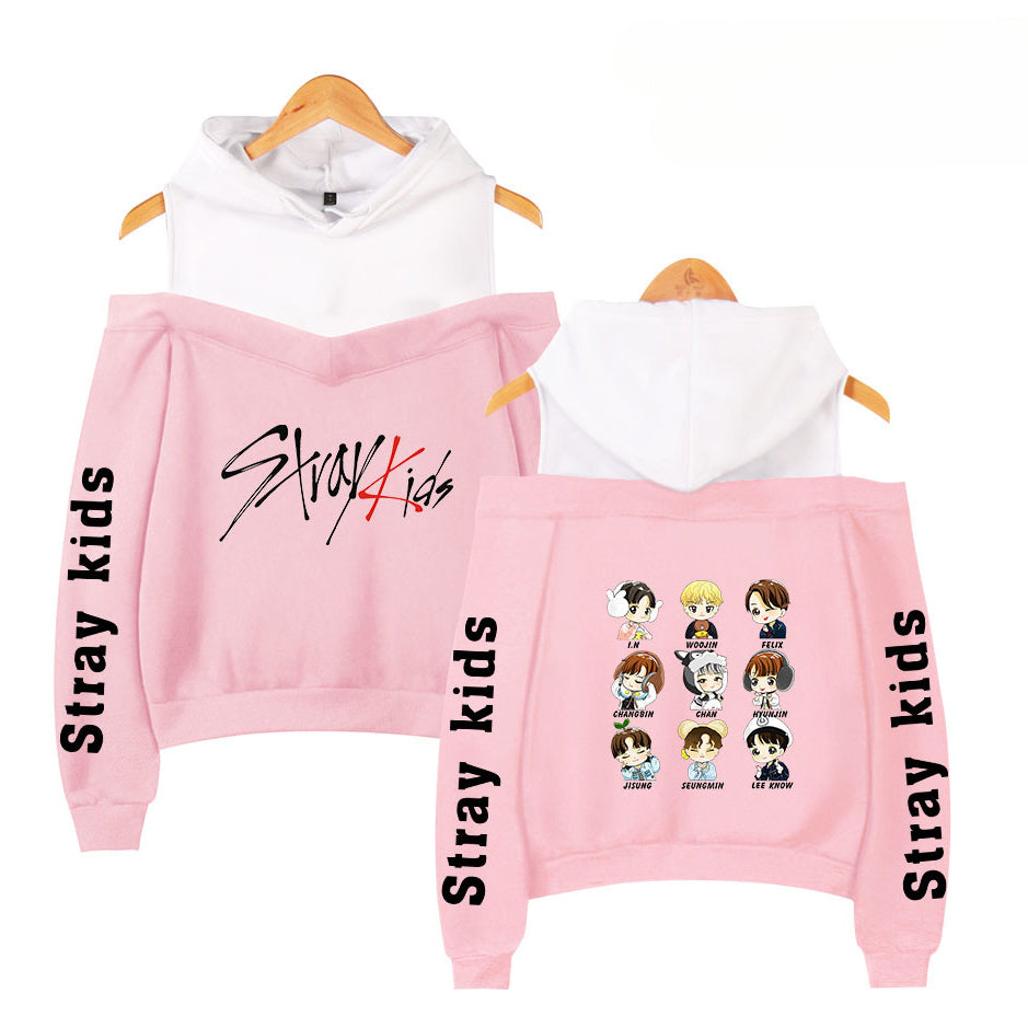 Cute Girls Kpop Fashion Print Off The Shoulder Hoodie