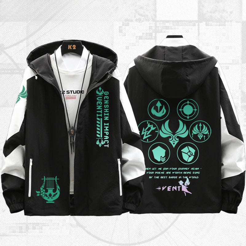 Unisex Game Venti Print Hooded Spring Jacket