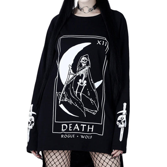 Gothic Dark Moon Letter Print Long Round Neck Sweatshirt