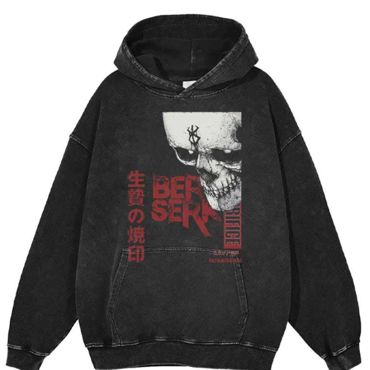 Retro Anime Washed Black Loose Hoodie