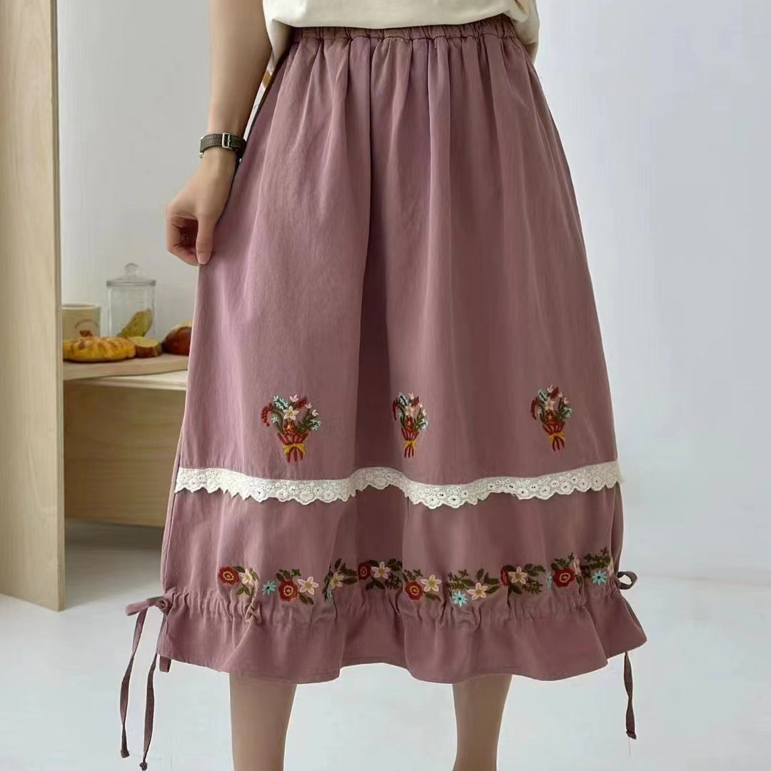 Lovely Floral Embroidered Drawstring A-line Skirt