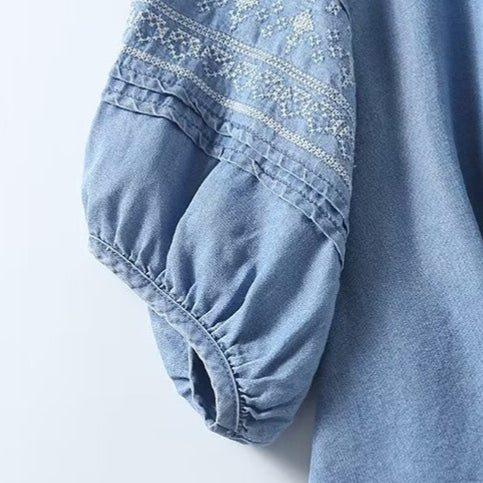 Women's Fringed Lace-up Ethnic Embroidered Denim Blouse