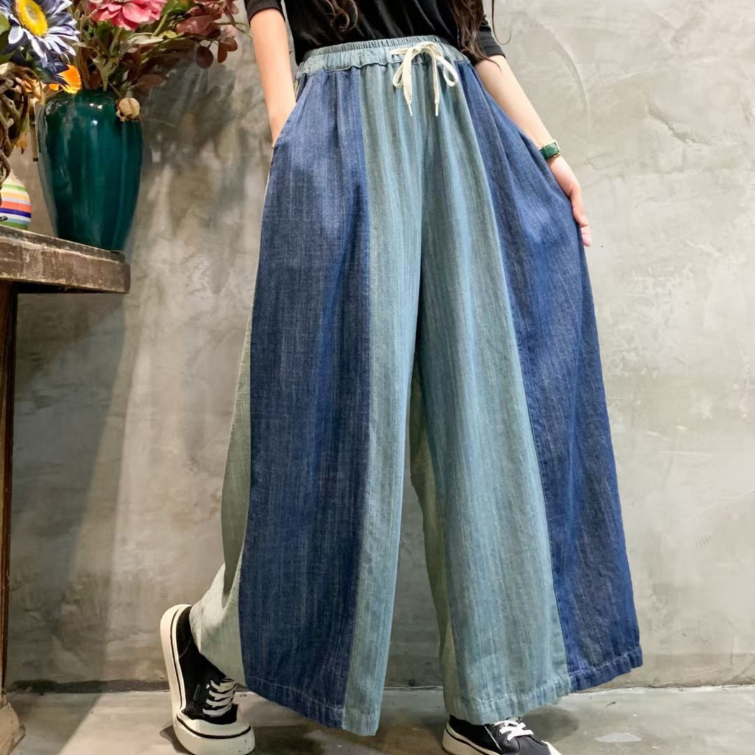 Retro Elastic Waist Color Block Soft Jeans Wide Leg Pants