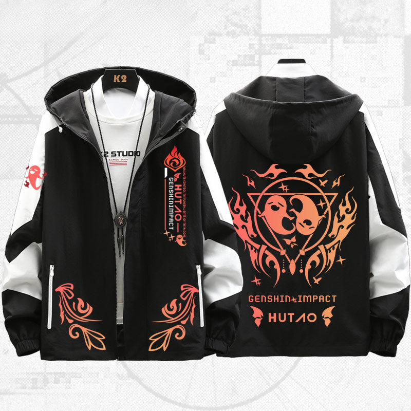 Unisex Game Hutao Print Zipper Hooded Jacket
