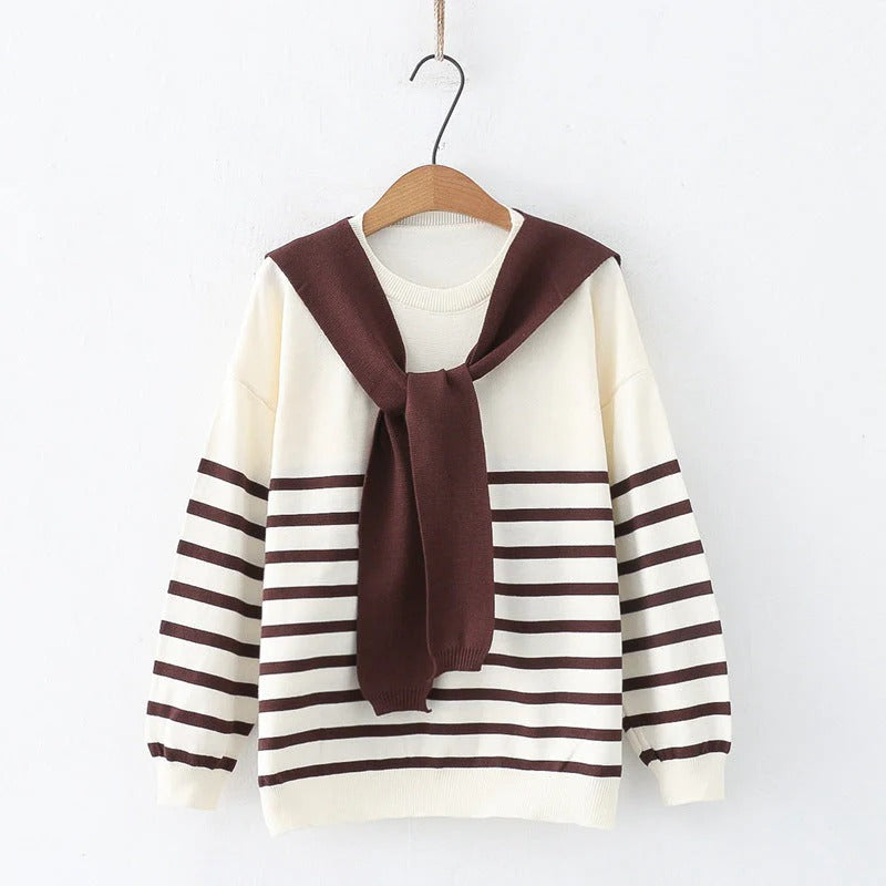 Korean Style Loose Striped Knit Sweater Shawl Two-piece Set