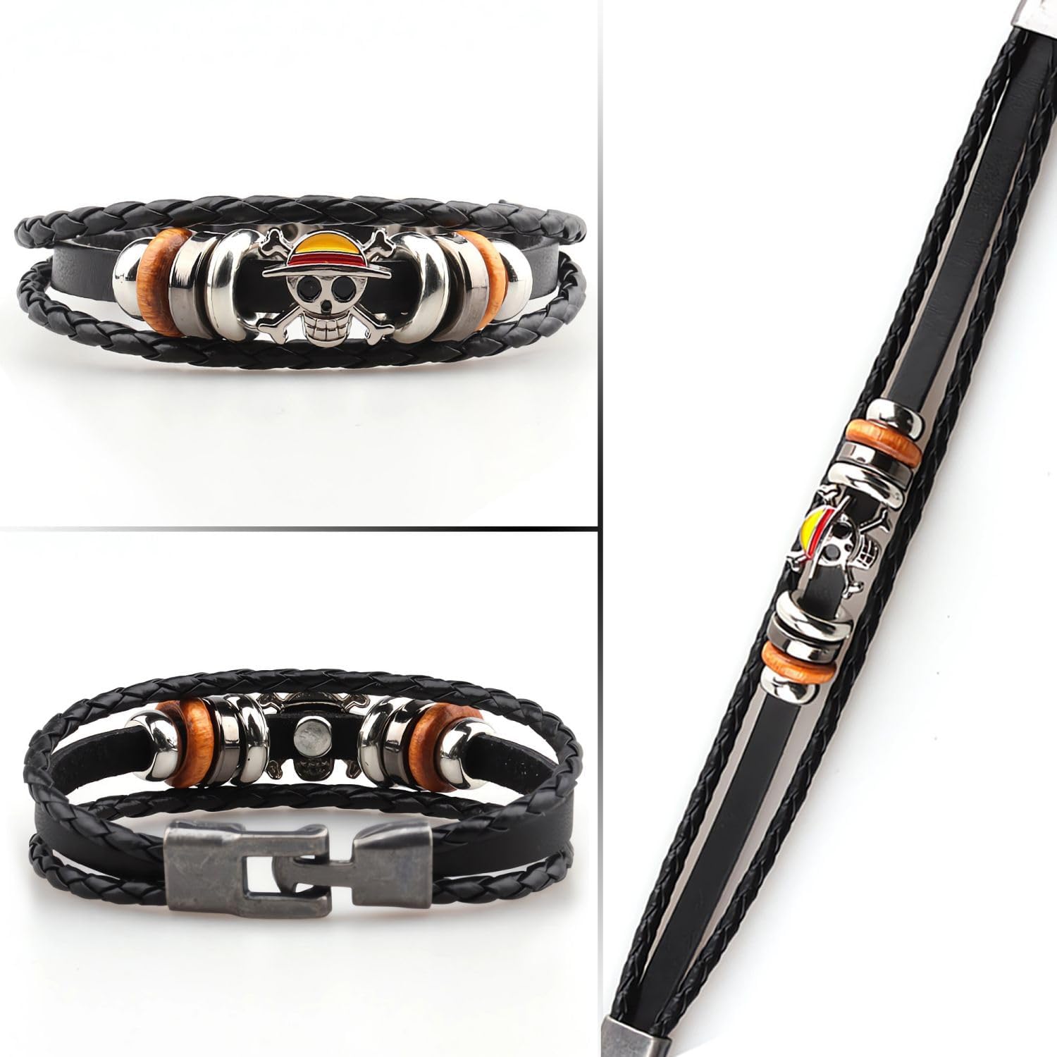 3Pcs Anime Leather Bracelets Skull Punk Alloy Cuff Wristband