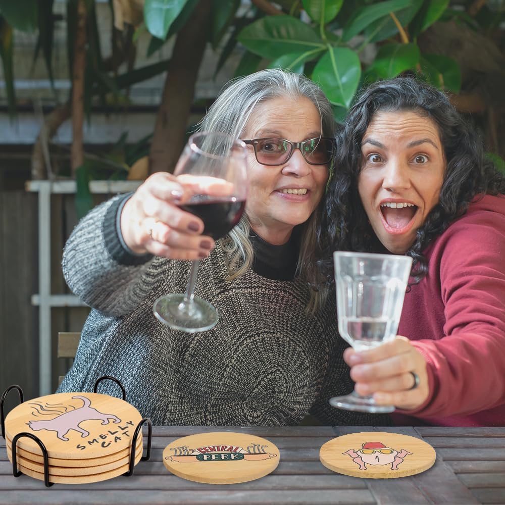 Friends Coasters Set of 6 Wooden Coasters for Drinks with Coaster Holder