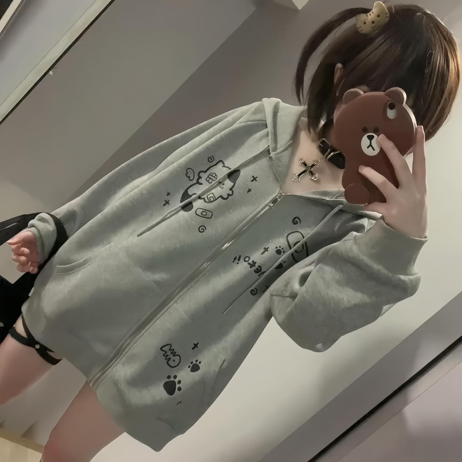 Y2K Zip Up Cute Cat Ears Graphic Hoodie
