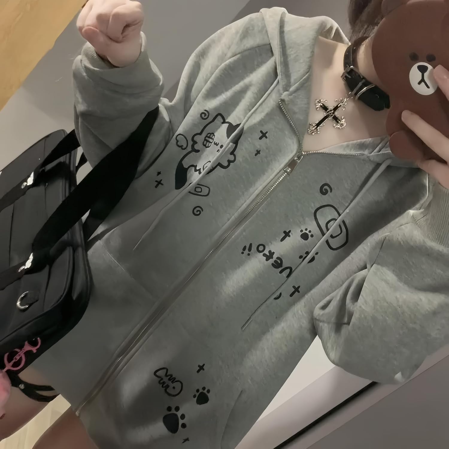 Y2K Zip Up Cute Cat Ears Graphic Hoodie