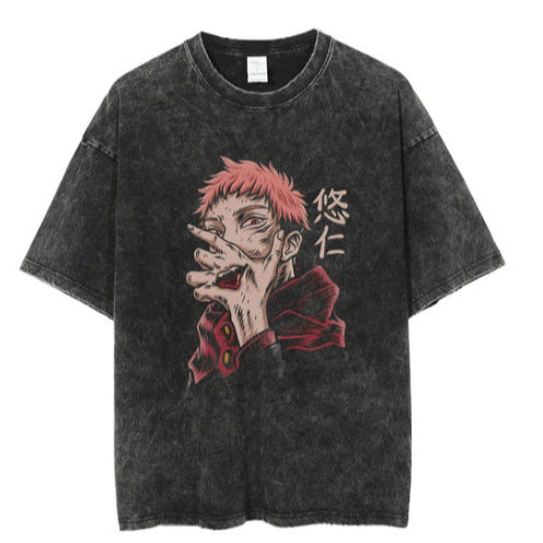 Vintage Washed Anime Print Casual T-shirt