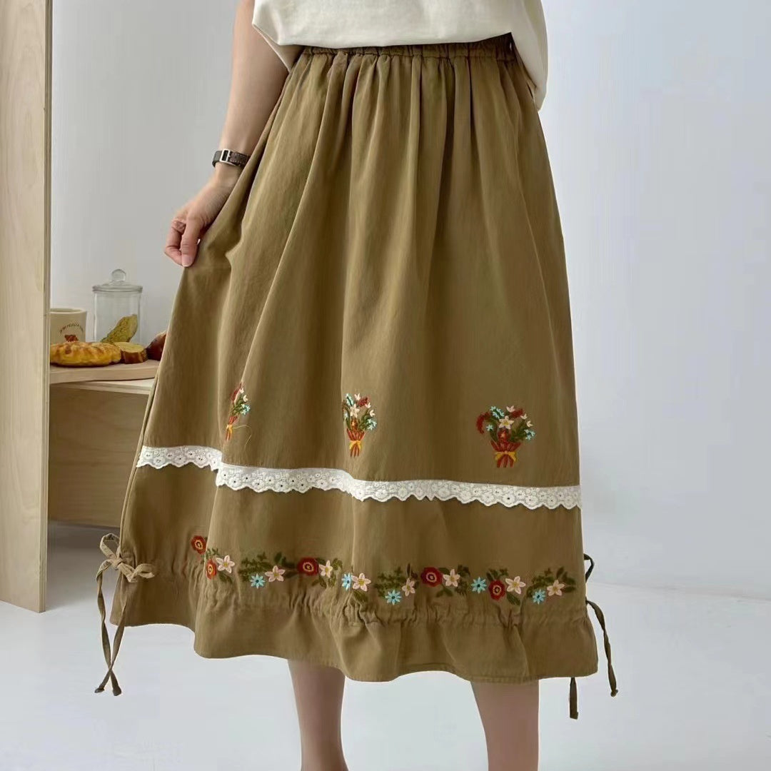 Lovely Floral Embroidered Drawstring A-line Skirt