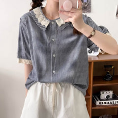 Women's Mori Lace Collar Plaid Short-sleeved Shirt