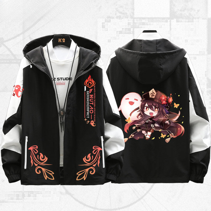 Unisex Game Hutao Print Zipper Hooded Jacket