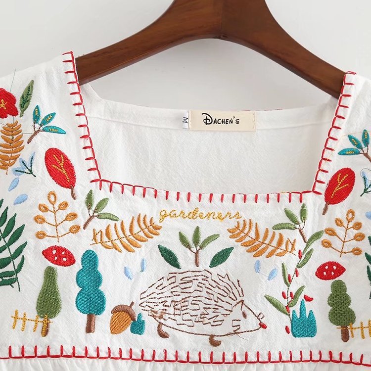 Women's Tree Embroidered Square Neck Doll Shirt