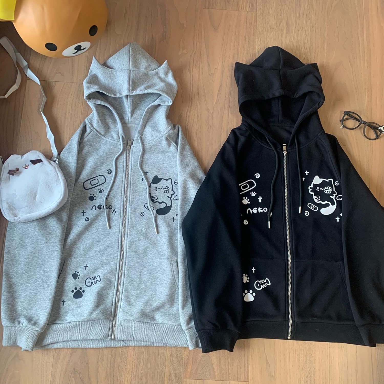 Y2K Zip Up Cute Cat Ears Graphic Hoodie