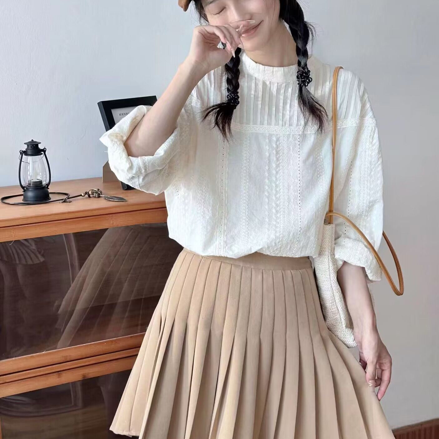 Japanese Style Artistic Pleated Lace Hollow Women's Shirt