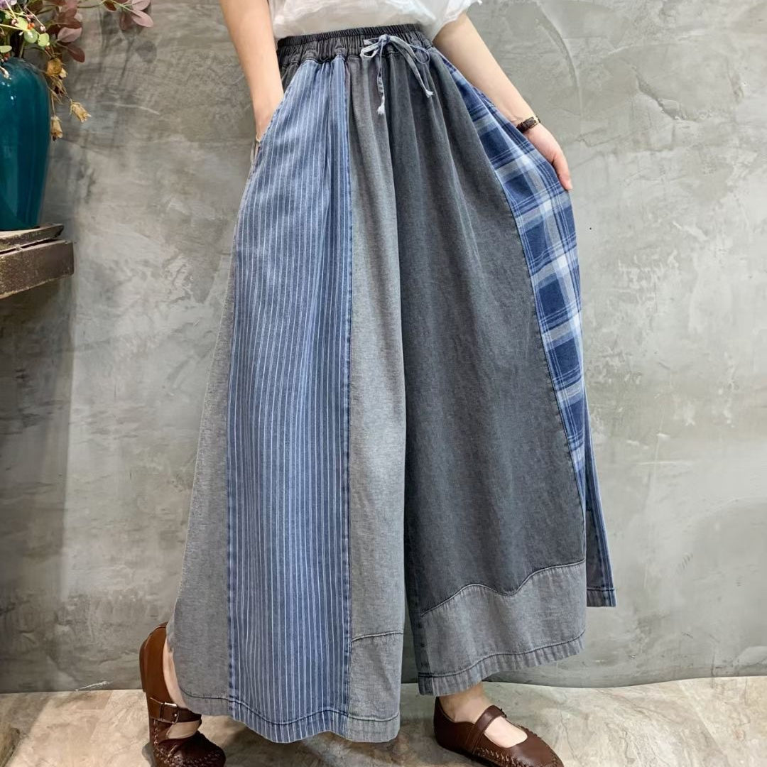 Retro Elastic Waist Color Block Soft Jeans Wide Leg Pants